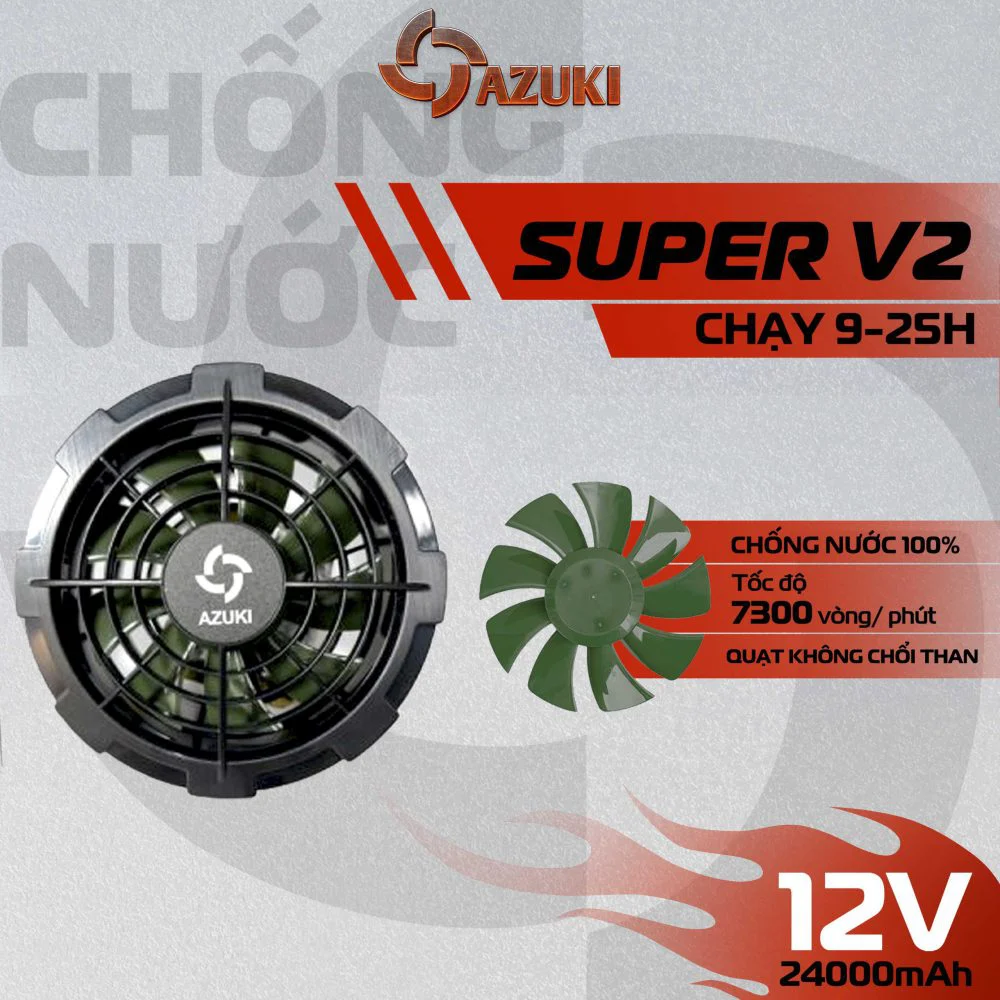 Quạt áo điều hòa không chổi than AZUKI SUPER V2 12V siêu mạnh, chống nước tốt