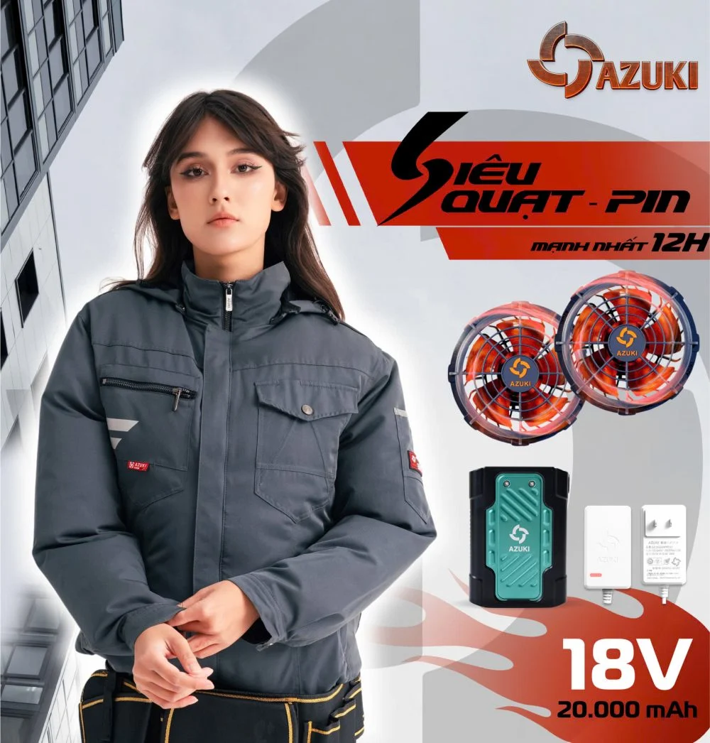 Áo Quạt Điều Hòa Azuki X10 Dài Tay – Phối Màu Thời Trang, Pin 24.000mAh, Quạt Không Chổi Than 26V