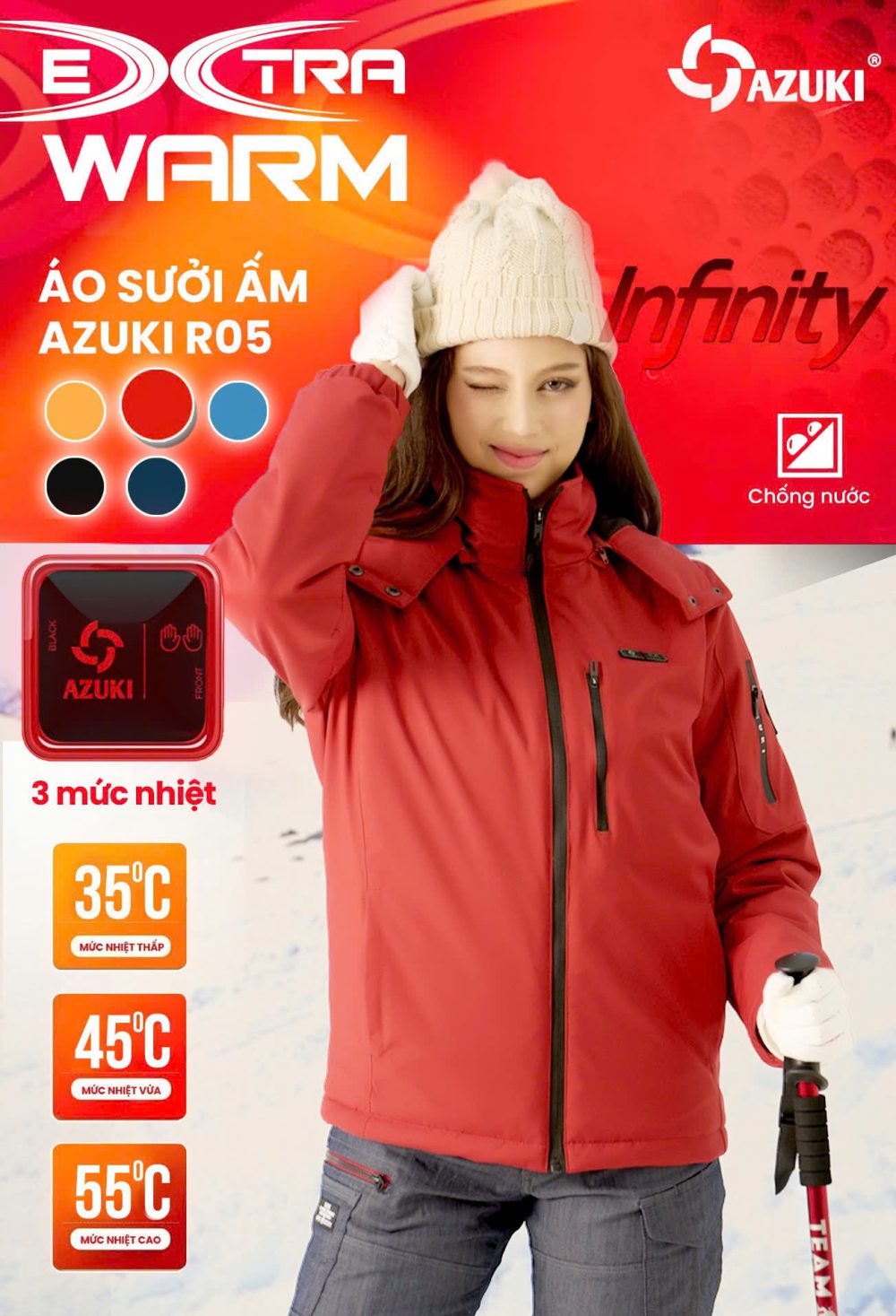 Áo Sưởi Ấm Azuki Raincoat R05 Chống Mưa Tuyết,Chạy Pin 20000mah, BH 12 Tháng Chính Hãng