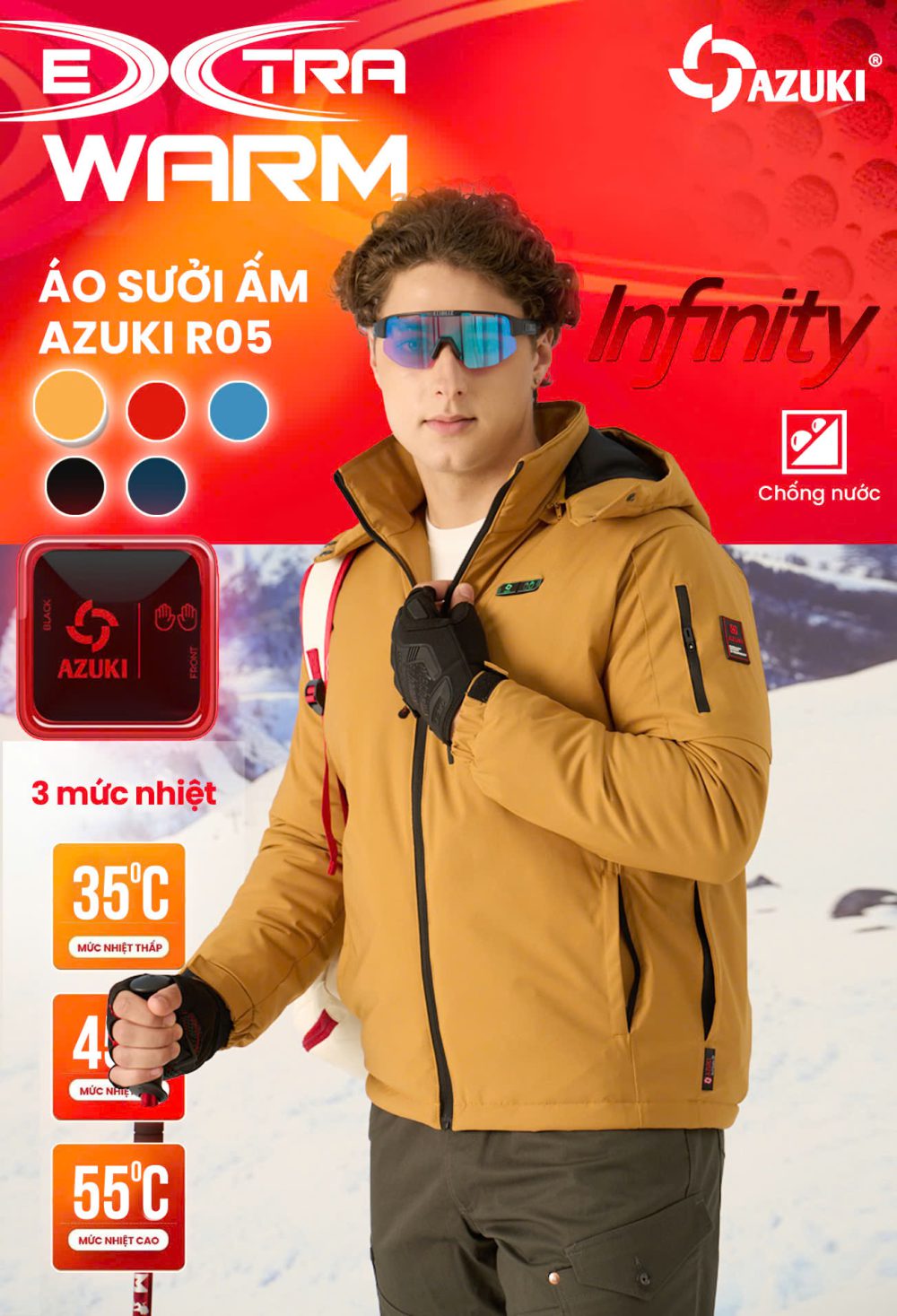 Áo Sưởi Ấm Azuki Raincoat R05 Chống Mưa Tuyết,Chạy Pin 20000mah, BH 12 Tháng Chính Hãng