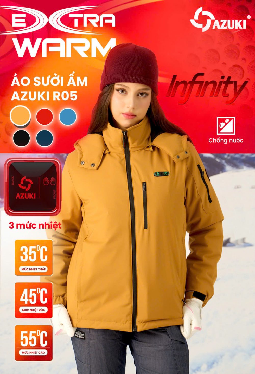 Áo Sưởi Ấm Azuki Raincoat R05 Chống Mưa Tuyết,Chạy Pin 20000mah, BH 12 Tháng Chính Hãng
