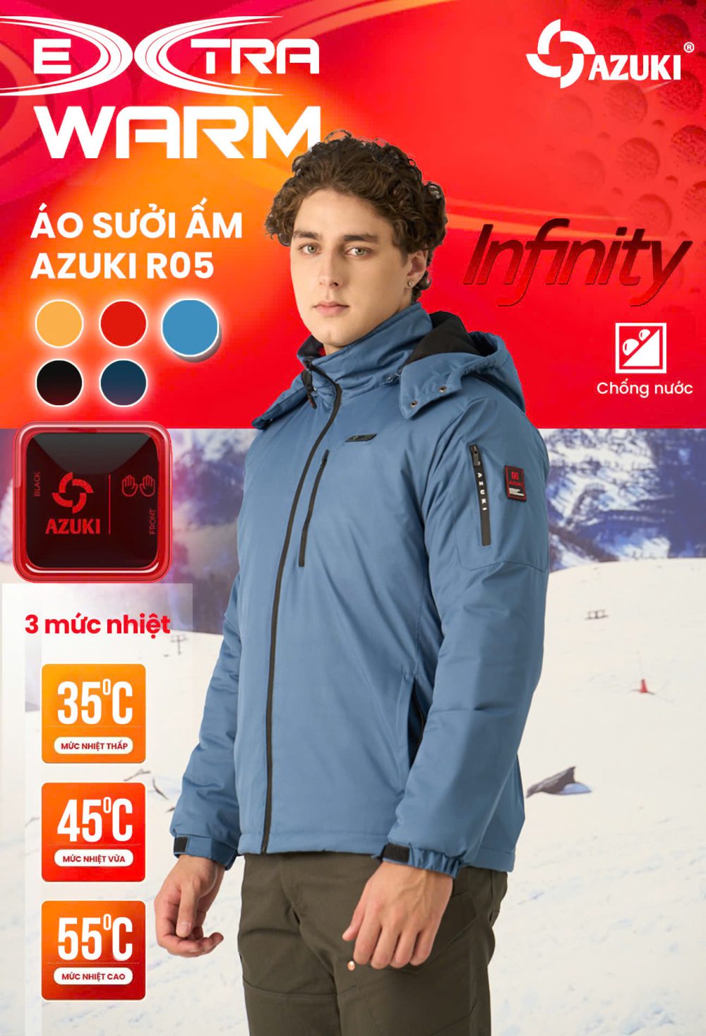 Áo Sưởi Ấm Azuki Raincoat R05 Chống Mưa Tuyết,Chạy Pin 20000mah, BH 12 Tháng Chính Hãng