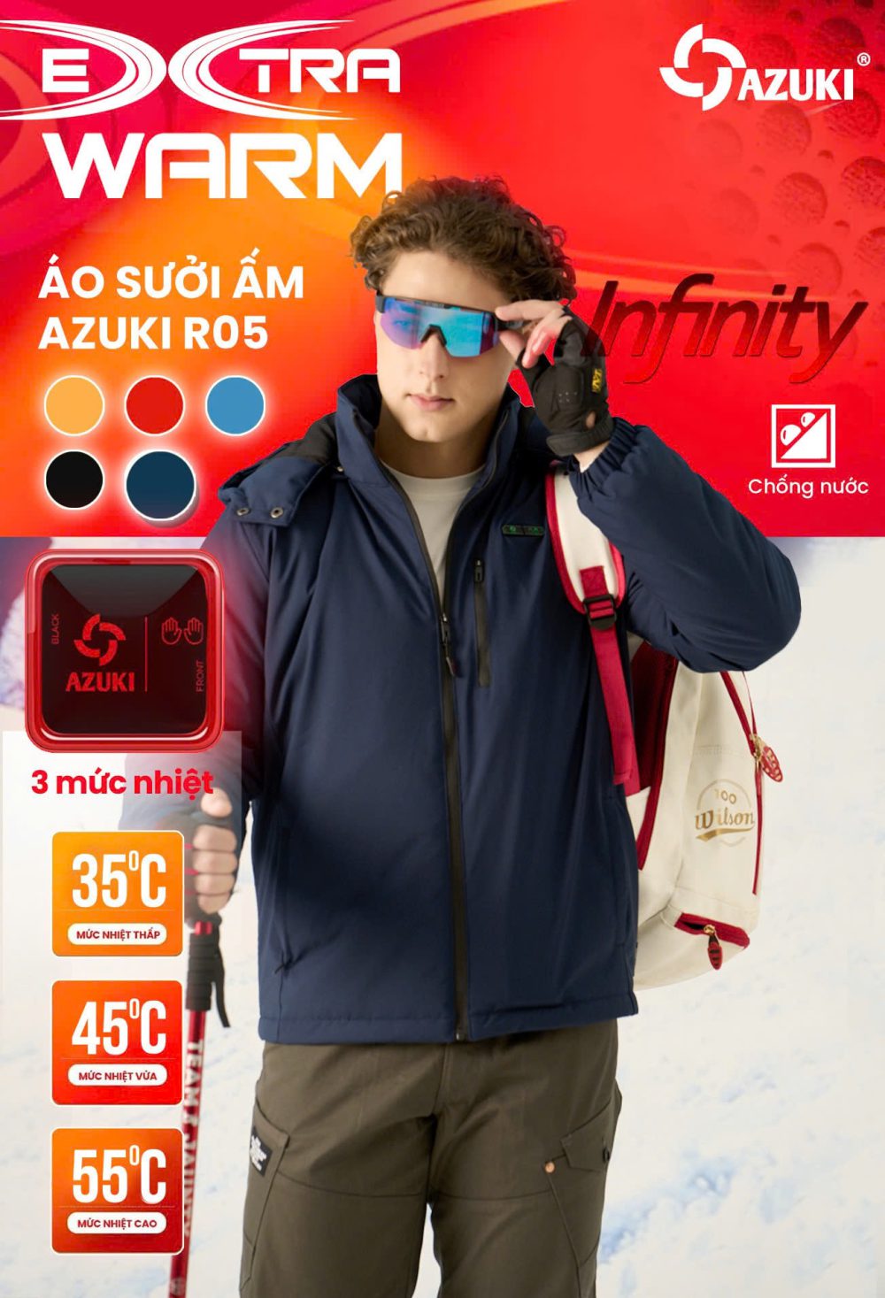 Áo Sưởi Ấm Azuki Raincoat R05 Chống Mưa Tuyết,Chạy Pin 20000mah, BH 12 Tháng Chính Hãng