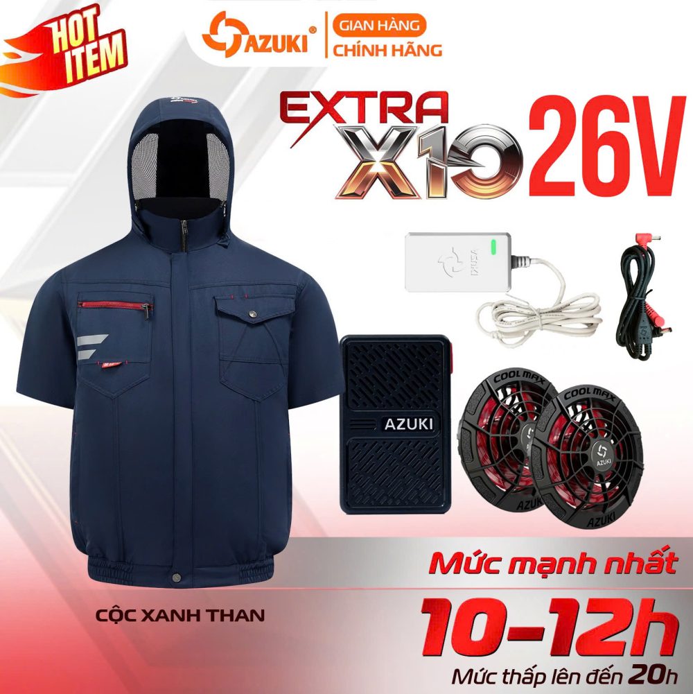 Áo điều hòa Azuki ngắn tay Extra X10 - Pin  Quạt 26V
