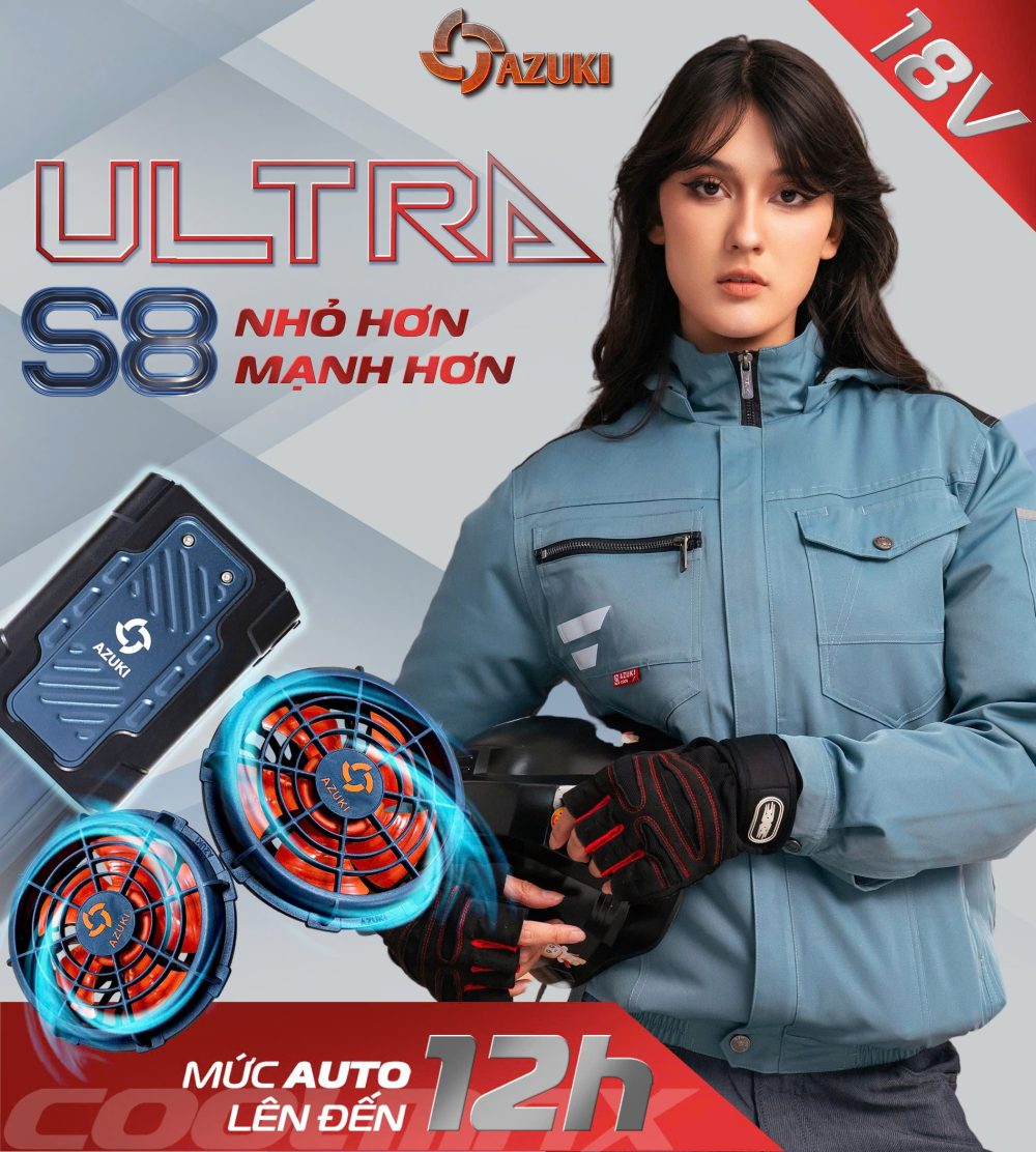 Bộ Áo Điều Hòa Azuki Ultra S8 - Pin 20.000mAh - Quạt 18V Siêu HOT 2025
