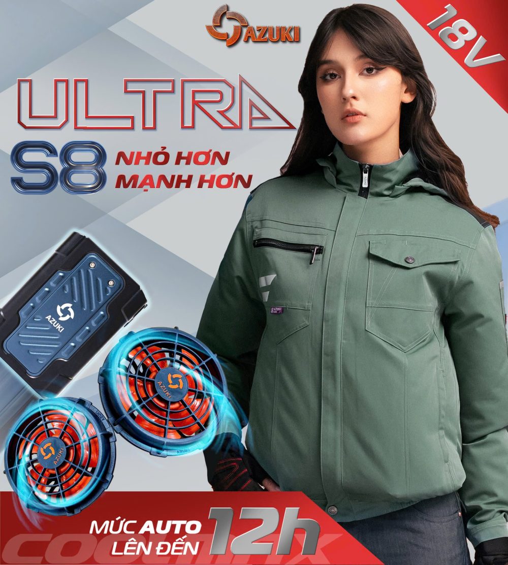 Bộ Áo Điều Hòa Azuki Ultra S8 - Pin 20.000mAh - Quạt 18V Siêu HOT 2025