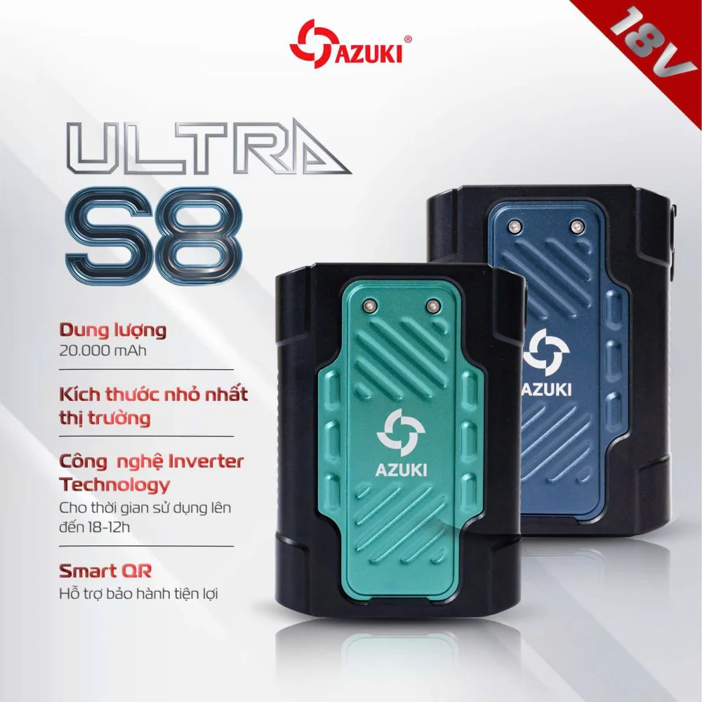 Pin áo điều hòa Azuki ULTRA S8 dung Lượng 20000Mah, đầu ra 18V cao cấp