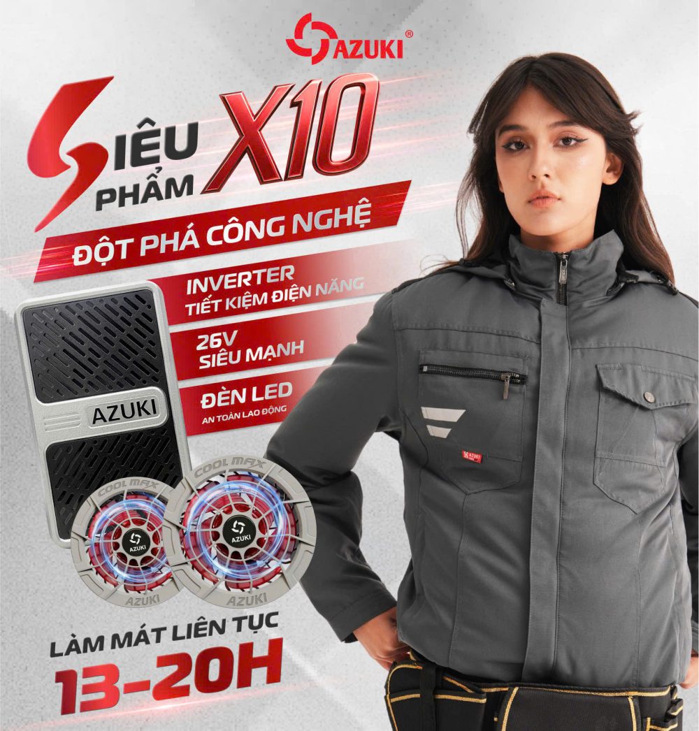 ÁO LÀM MÁT GẮN QUẠT AZUKI EXTRA X10 PIN 24000mah, QUẠT 26V SIÊU MẠNH