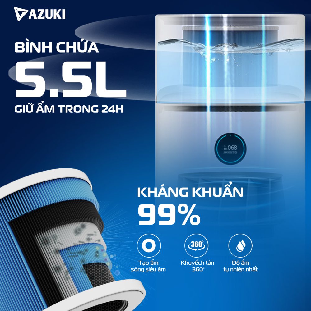 Máy lọc không khí bù ẩm không phun sương Azuki Air Pro X5 Mới Nhất 2025