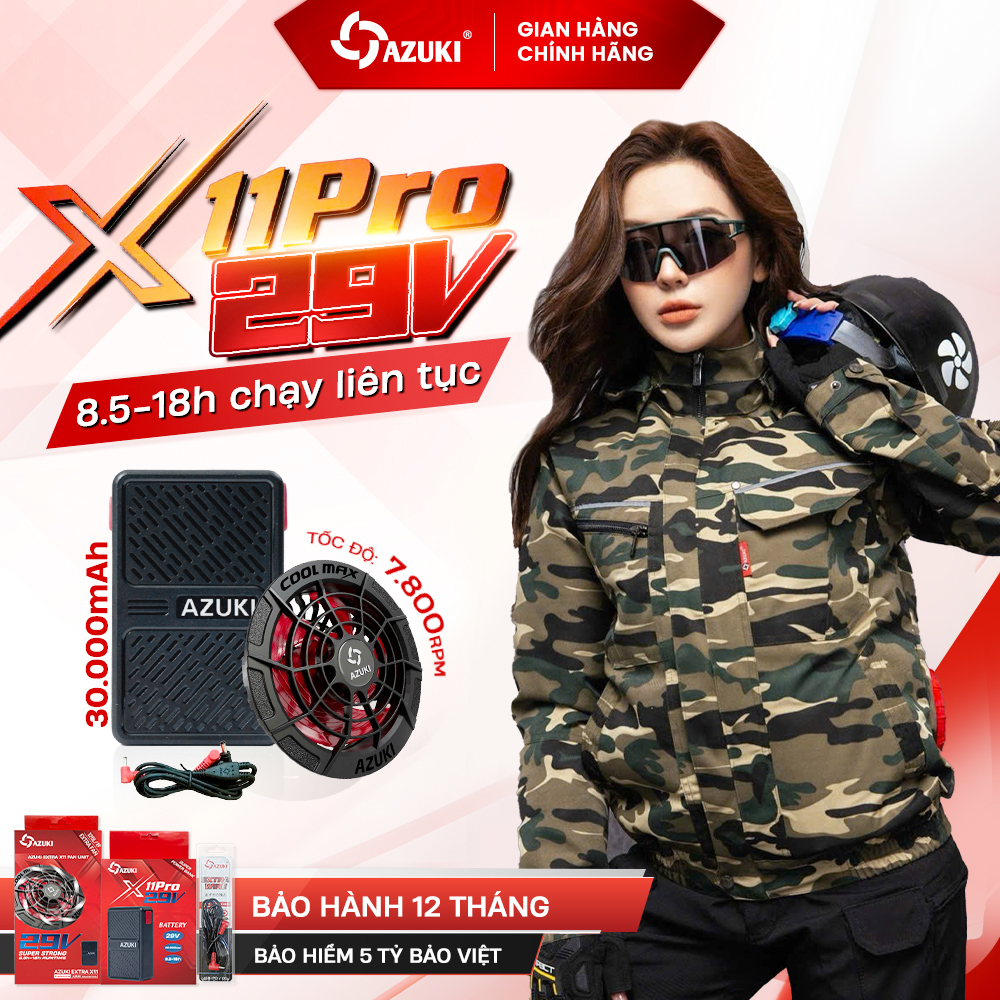 Bộ Áo Điều Hòa Azuki X11 Pro Chính Hãng, Quạt 29V Mạnh Nhất, Pin 30.000mAh Siêu Khủng