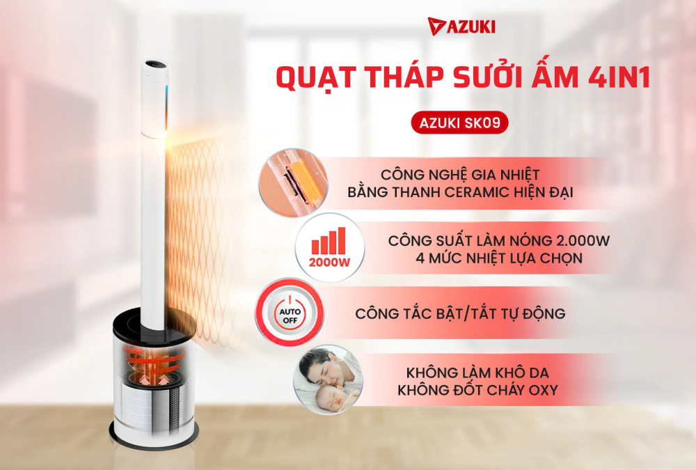 Quạt Tháp Sưởi Ấm Không Cánh 2 Chiều AZUKI SK09 - Giải Pháp 4IN1 Cho Cuộc Sống Hiện Đại