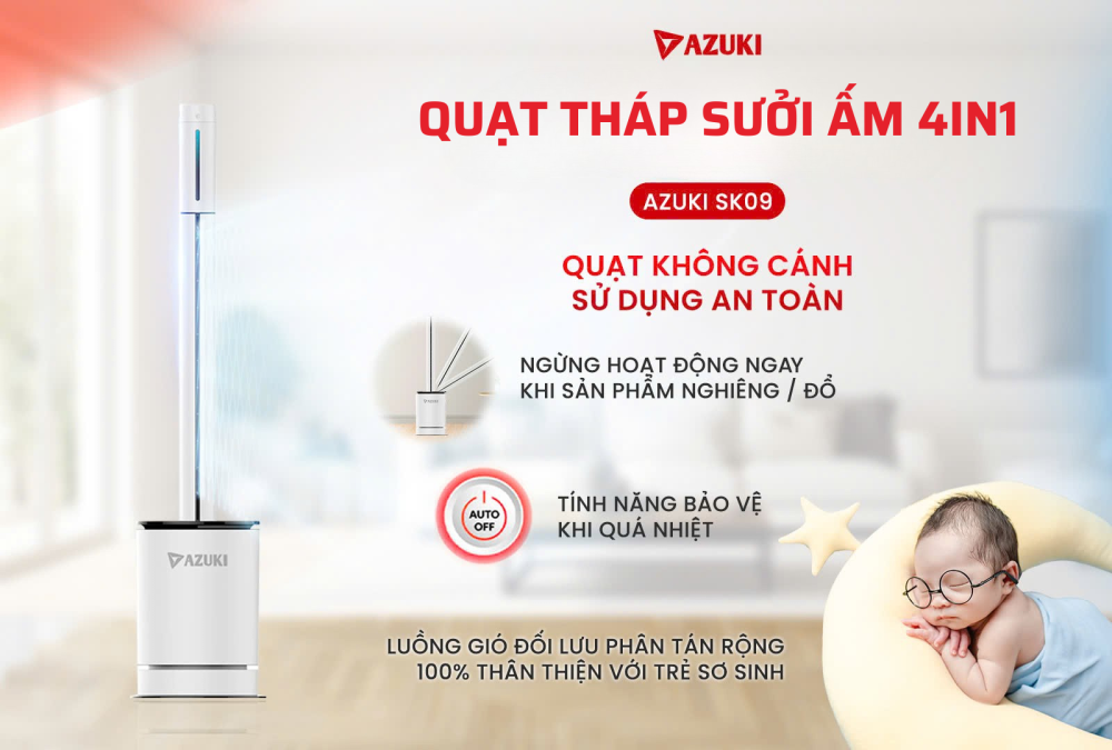 Quạt Tháp Sưởi Ấm Không Cánh 2 Chiều AZUKI SK09 - Giải Pháp 4IN1 Cho Cuộc Sống Hiện Đại