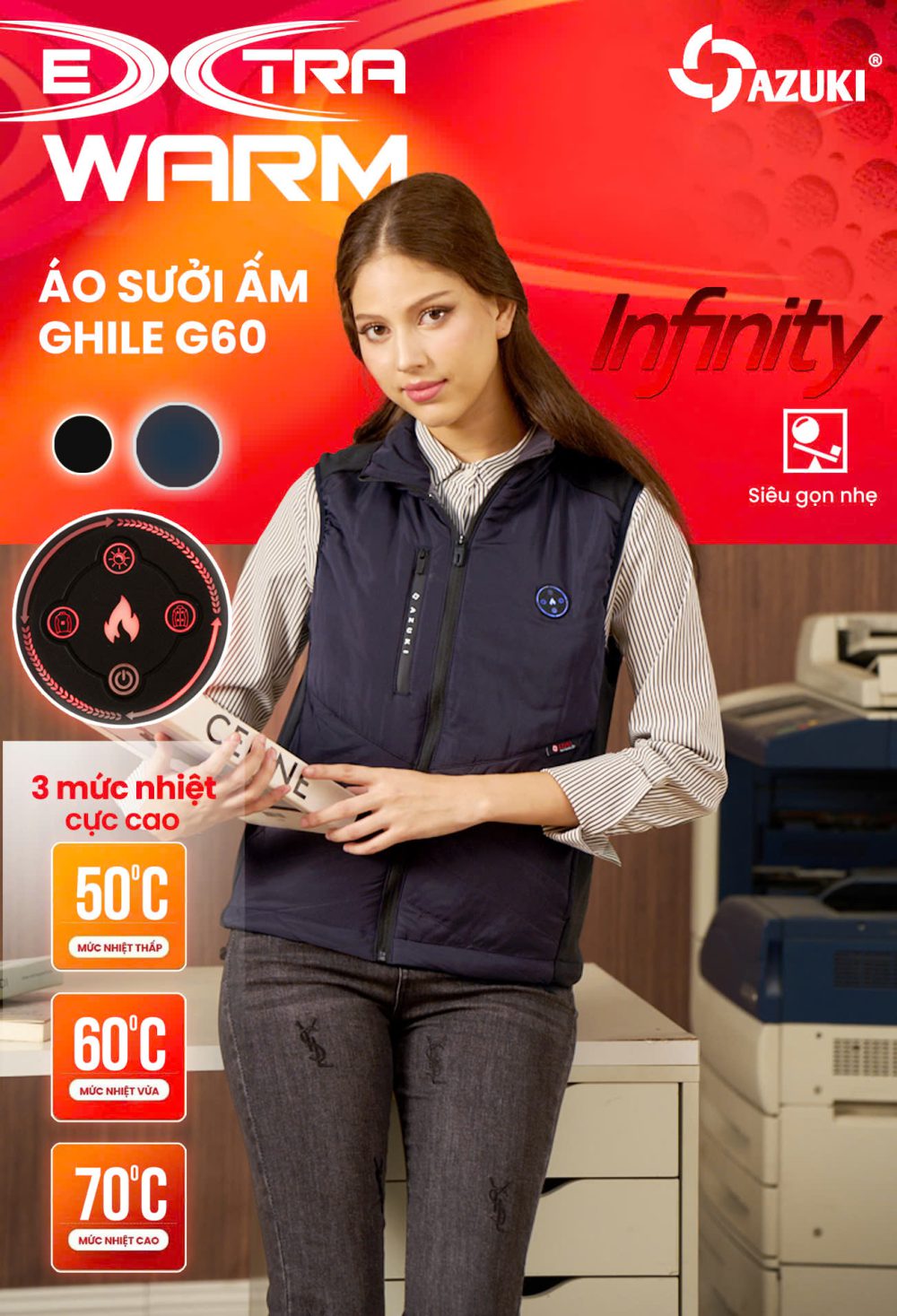 Áo Sưởi Ấm Azuki Extra Warm Ghile G60,Chạy Pin 20000mah, BH 12 Tháng Chính Hãng