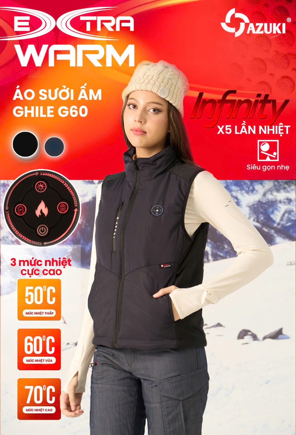 ÁO SƯỞI ẤM BẰNG PIN AZUKI R05 CHẤT LƯỢNG CAO, BH 12 THÁNG
