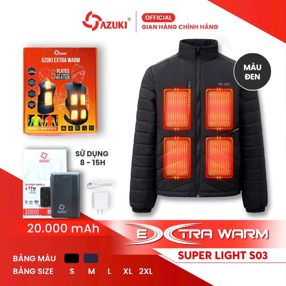 Áo Sưởi Ấm AZUKI EXTRA WARM S03 Dài Tay Siêu Nhẹ - 6 Vùng Sưởi, 3 Mức Nhiệt An Toàn
