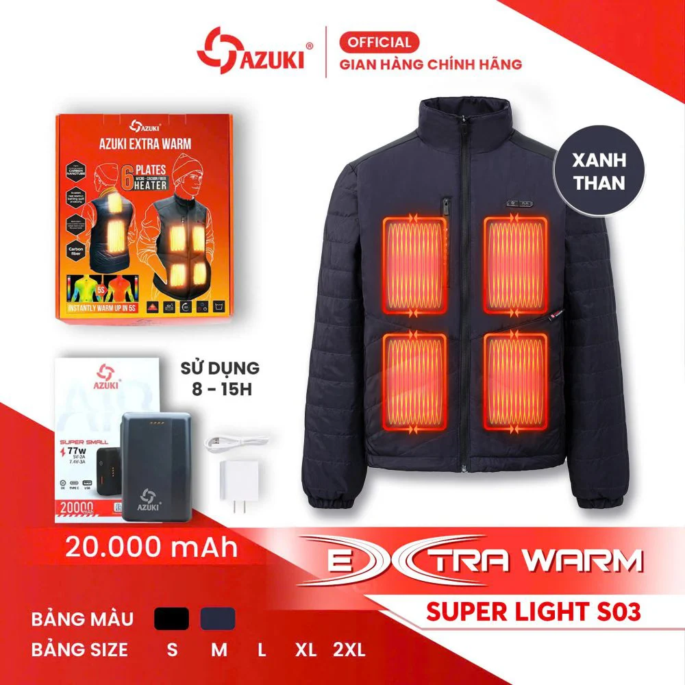 Áo Sưởi Ấm AZUKI EXTRA WARM S03 Dài Tay Siêu Nhẹ - 6 Vùng Sưởi, 3 Mức Nhiệt An Toàn