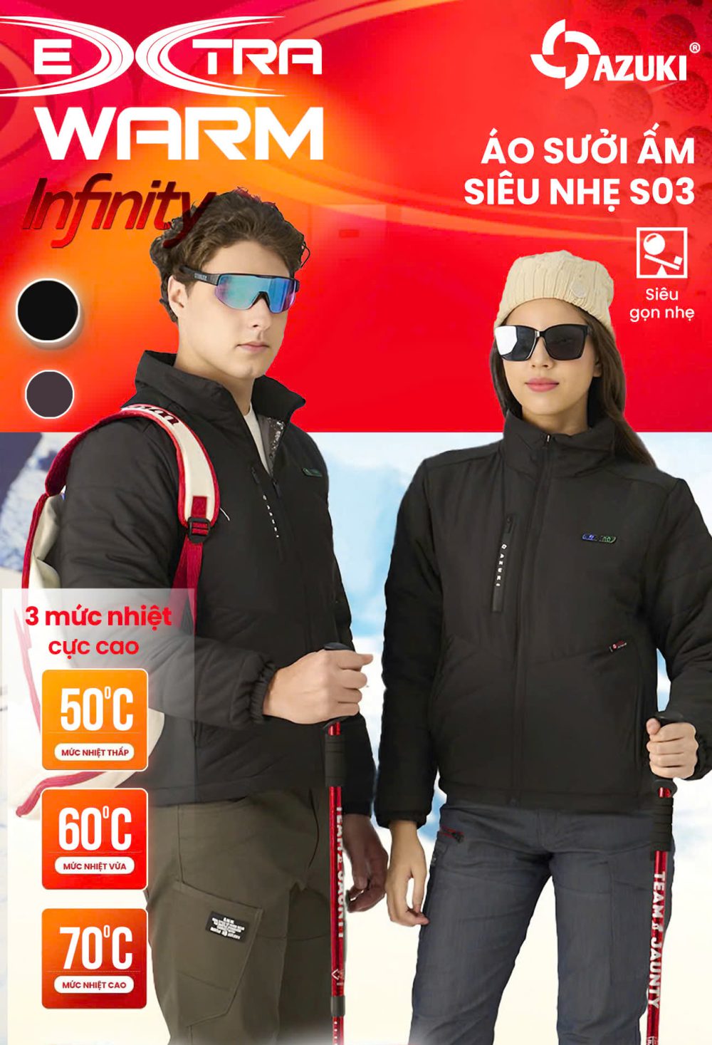 Áo Sưởi Ấm AZUKI EXTRA WARM S03 Dài Tay Siêu Nhẹ - 6 Vùng Sưởi, 3 Mức Nhiệt An Toàn