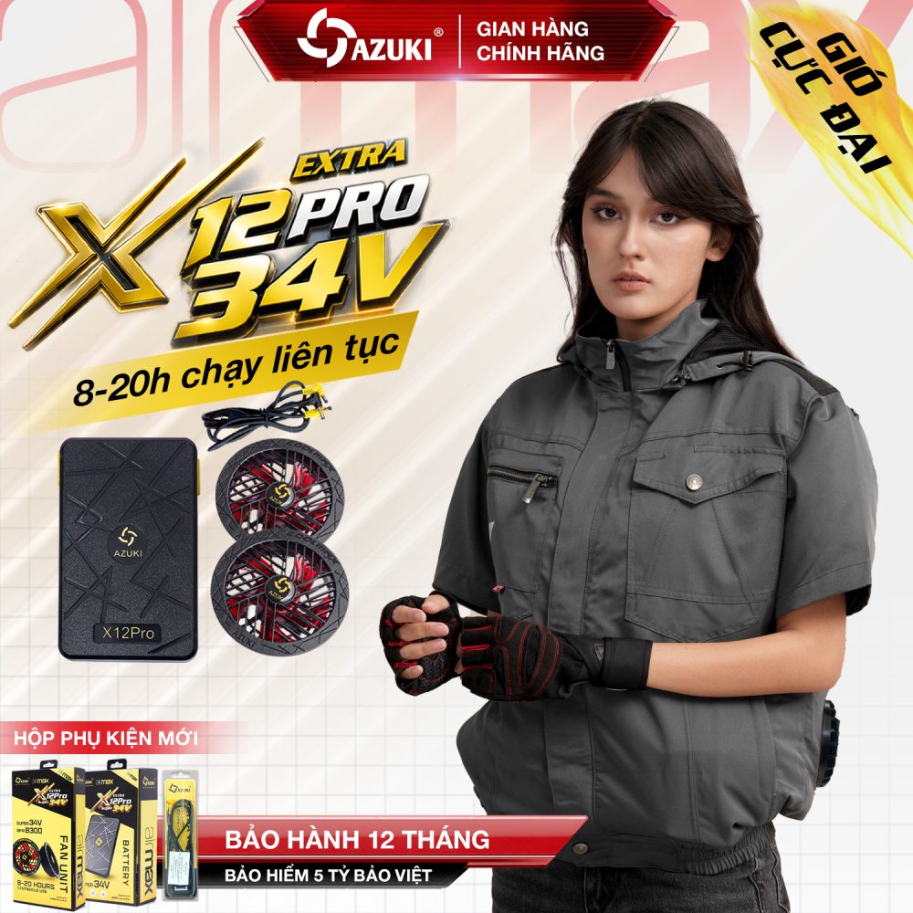 Áo Điều Hòa Cộc Tay Trơn AZUKI Chính Hãng EXTRA X12 Pro 30.000mAh – Quạt 34V Siêu Mạnh